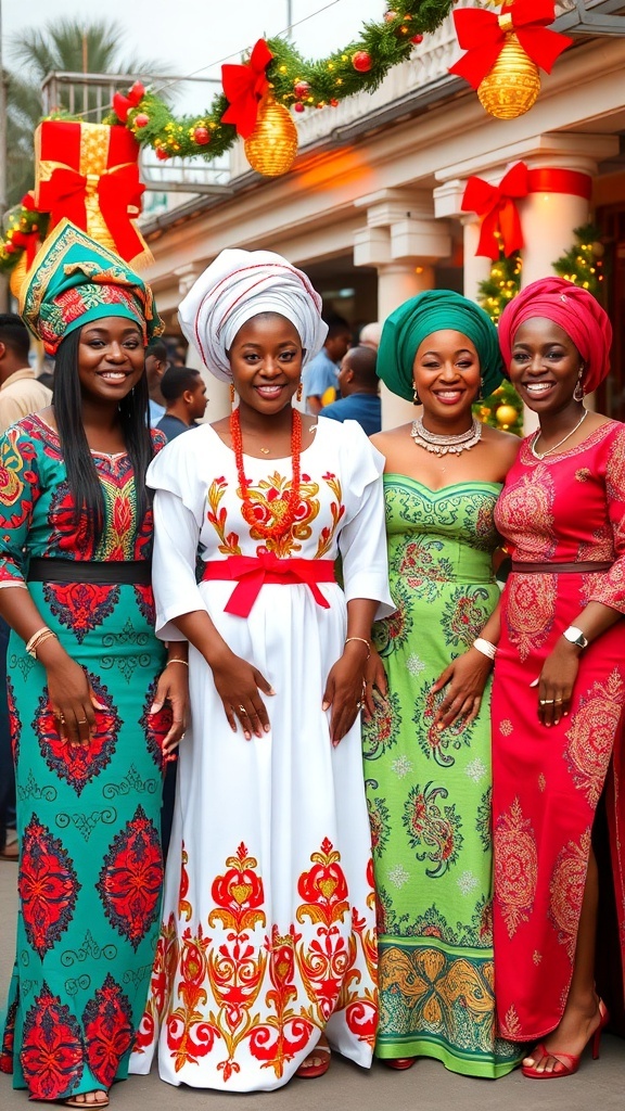 Group of people in traditional Nigerian Christmas dresses celebrating outdoors with festive decorations.
